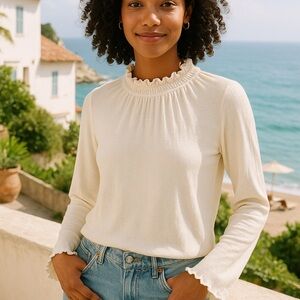 Madewell Texture & Thread Cream Women's Ruffled Mock Neck Top Medium Holiday